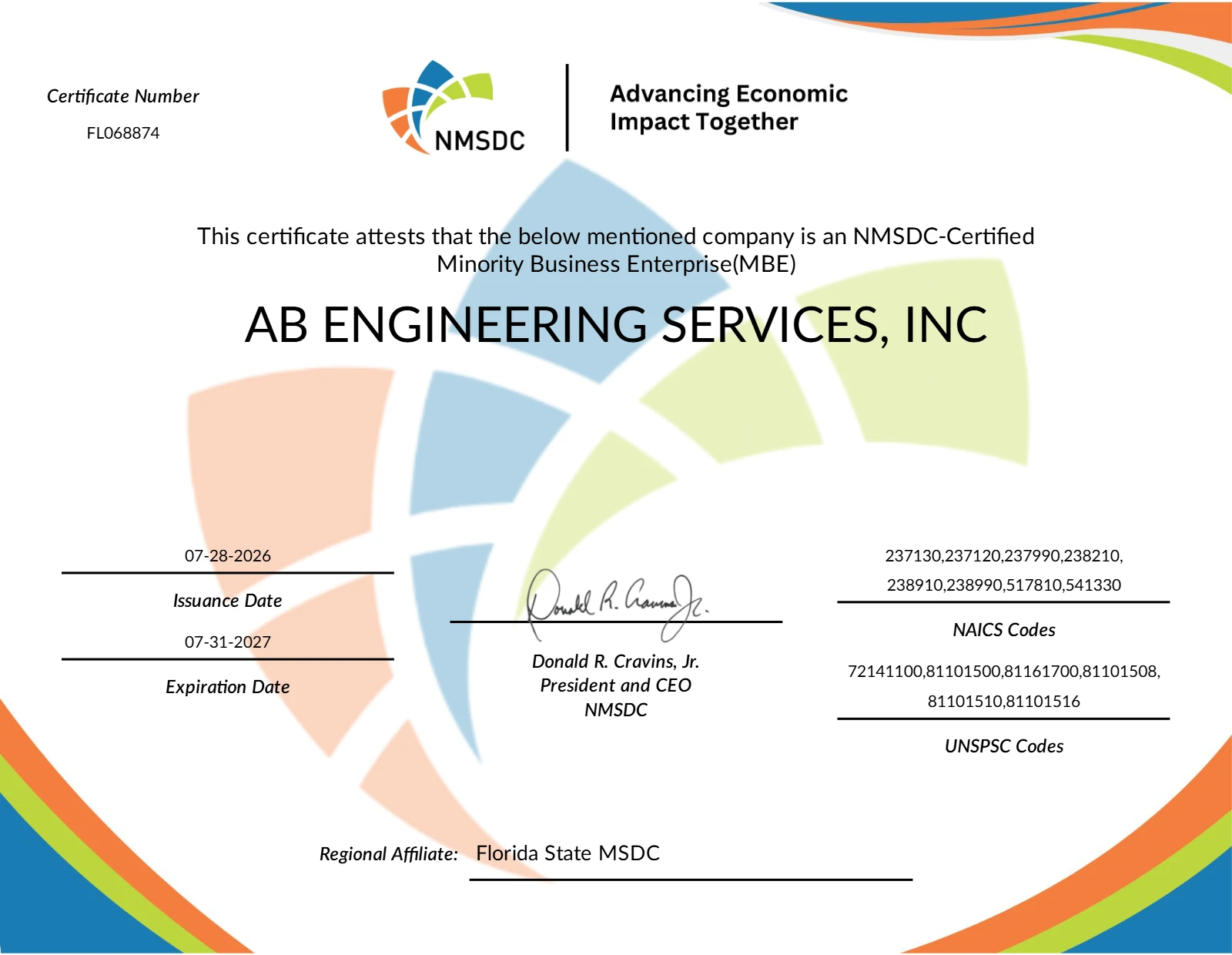 NMSDC certificate naming AB Engineering Services, Inc. as a certified Minority Business Enterprise, certificate number FL068874.
