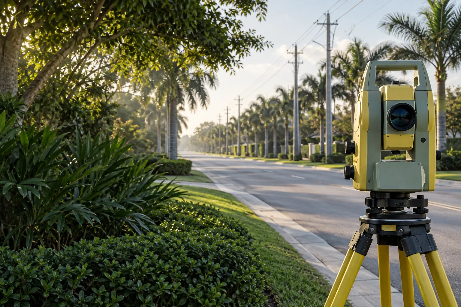 Illustrative surveying equipment beside a Florida road